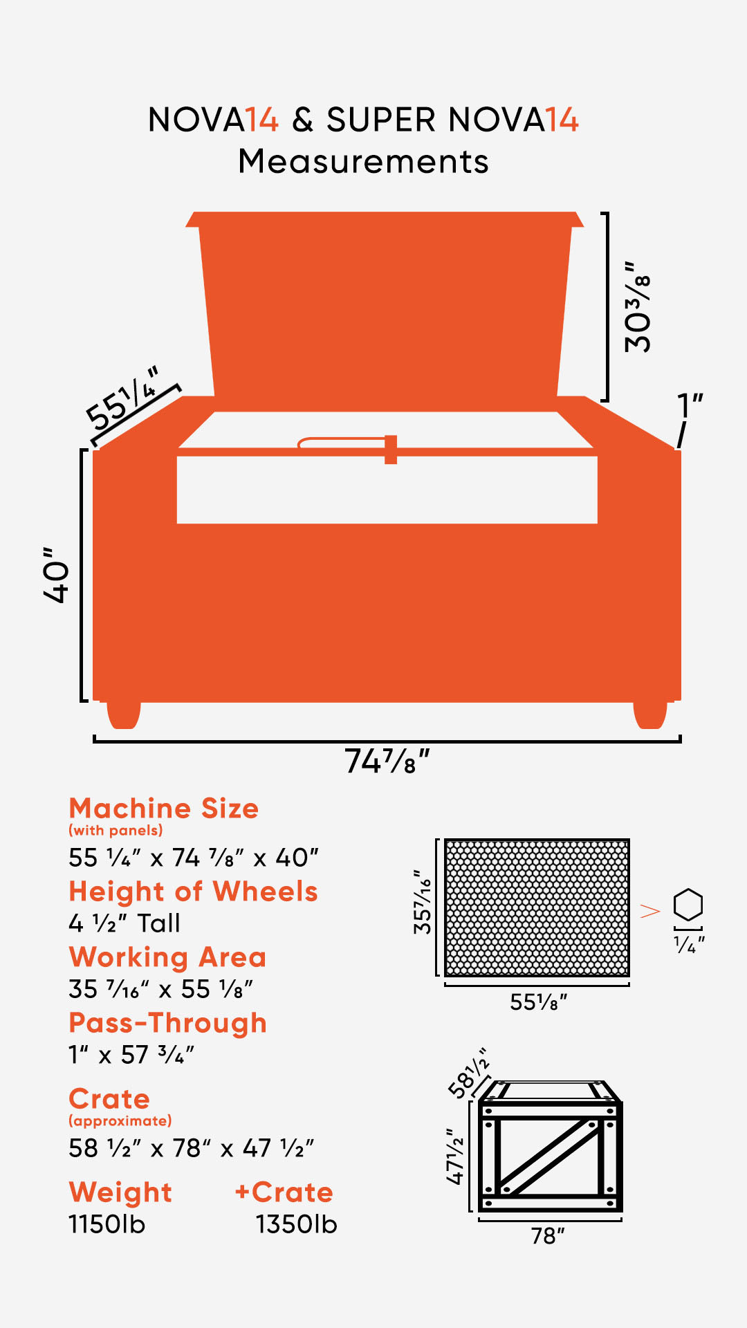 Graphic showing the dimensions of the NOVA14LEGACY laser, crate size, and weight info